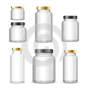 Realistic Empty Glass Jar Can Set. Vector