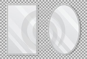 Realistic empty mirrors with reflect in mockup style. Oval mirror with empty surface on isolated background. Set of mirror decor.