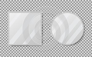 Realistic empty mirrors with reflect in mockup style. Oval mirror with empty surface on isolated background. Set of mirror decor.