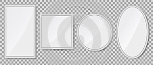 Realistic empty mirrors with reflect in mockup style. Oval mirror with empty surface on isolated background. Set of mirror decor.