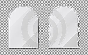 Realistic empty mirrors with reflect in mockup style. Oval mirror with empty surface on isolated background. Set of mirror decor.