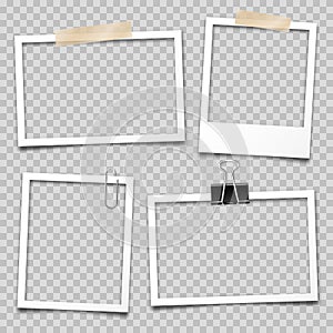 Realistic empty photo card frame, film set. Retro vintage photograph with transparent adhesive tape and paper clip
