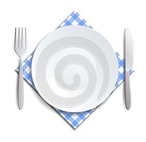 Realistic empty plate, fork and knife served on a checkered napkin vector illustration. Can be used for advertising