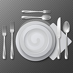 Realistic empty round plate, porcelain dish, steel fork, spoon and knife on table vector illustration