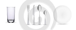 Realistic empty round plate, steel fork, spoon and knife on white background vector illustration