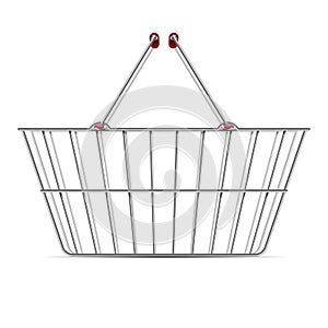 Realistic empty supermarket shopping metal basket with handles vector illustration isolated on white background