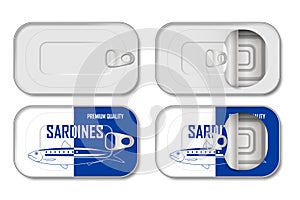 Realistic empty tin can with label and without. Sardine tin can mockup top view isolated. vector illustration template