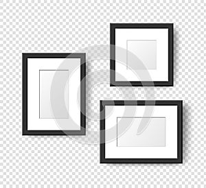 Realistic Empty Wall Photo Frames set. Vector black picture frame mockup template with shadow on transparent background