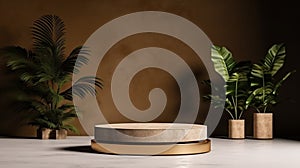 Realistic Empty wooden product display podiums with foliage and plants, modern minimalist background with warm, earthy tones.