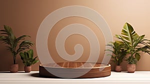 Realistic Empty wooden product display podiums with foliage and plants, modern minimalist background with warm, earthy tones.