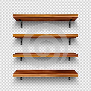 Realistic empty wooden store shelves set. Product shelf with wood texture and black wall mount. Grocery rack. Vector