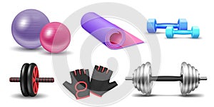 Realistic equipment for fitness weight lifting exercises: yoga mat, fit ball, barbell and dumbbell