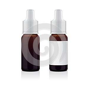 Realistic essential oil brown bottle set. Mock up bottle cosmetic or medical vial, flask, flacon 3d illustration set