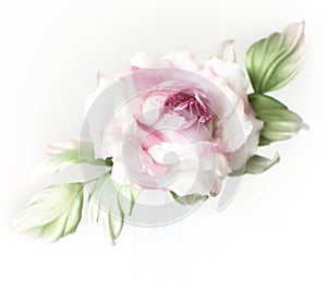 Realistic Fabric Silk flower in pink and white colors rose hand made on white background. Vintage style, retro, card