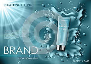 Realistic face cosmetic moisture serum ads. Cosmetic cleansing product with splash background with drops. Skincare