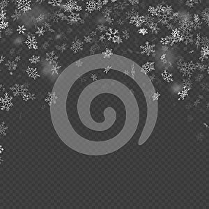 Realistic falling Christmas decoration snowflakes effect isolated on transparent background. Falling snow pattern. Magic