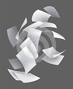 Realistic falling paper sheets. Set of flying curved leaves of paper. Vector loose soar of notes with curled edges. Fly