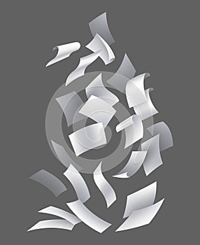 Realistic falling paper sheets. Set of flying curved leaves of paper. Vector loose soar of notes with curled edges. Fly