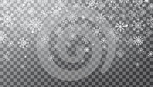 Realistic falling snowflakes isolated on transparent background. Winter background with snow and snowflakes in different