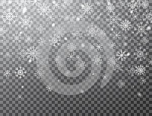 Realistic falling snowflakes isolated on transparent background. Winter background with snow and snowflakes. Magic white