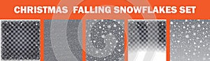 Realistic falling snowflakes set . Isolated on transparent background. Vector illustration