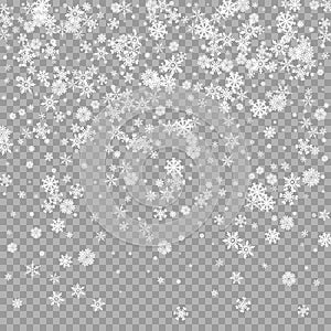 Realistic falling white snow overlay on transparent background. Snowflakes storm layer. Snow pattern for design