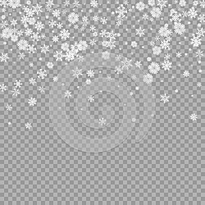 Realistic falling white snow overlay on transparent background. Snowflakes storm layer. Snow pattern for design