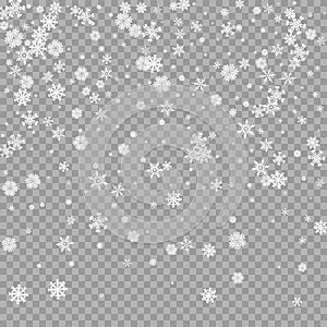 Realistic falling white snow overlay on transparent background. Snowflakes storm layer. Snow pattern for design