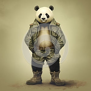 Realistic Fantasy Art: Panda Bear In Military Outfit With Unconventional Aspect Ratios
