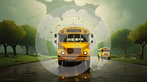 Realistic Fantasy Art: School Bus Journey With Moody Tonalism