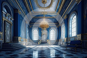 A realistic fantasy blue interior royal palace golden blue palace castle interior Fiction Backdrop concept art gital ai art