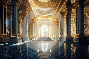 A realistic fantasy gold interior royal palace golden blue palace castle interior Fiction Backdrop concept art gital ai art