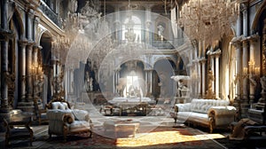 A realistic fantasy interior of the palace. Generative AI.