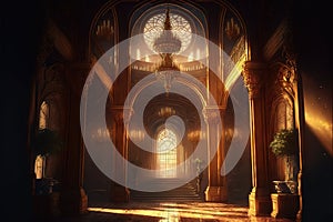 A realistic fantasy interior of the palace. golden palace. castle interior. Fiction Backdrop. concept art. Generative AI