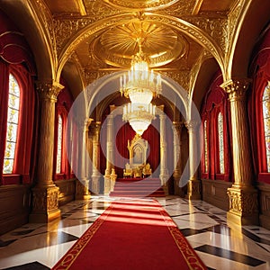 A realistic fantasy interior of the royal throne golden red castle Fiction concept Made With Generative AI illustration