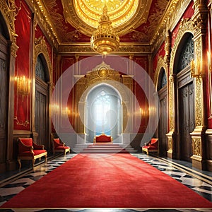 A realistic fantasy interior of the royal throne golden red castle Fiction concept Made With Generative AI illustration