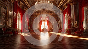 A realistic fantasy red interior of the royal palace. Generative AI.