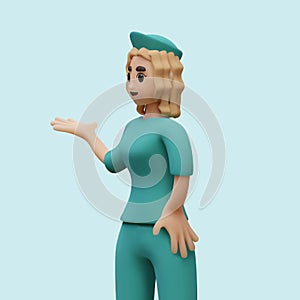 Realistic female nurse pointing to side with her hand. Vector character is demonstrating something