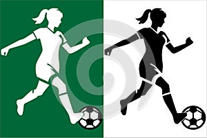 Realistic Female Soccer Player Icon, Striking Black & White Vector Illustration of Girl Kicking Football, New, Unique, Silhouette