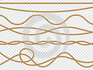 Realistic fiber ropes. Curve rope nautical cord straight lasso marine border brown jute twine natural tied packthread