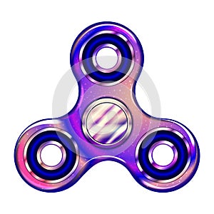 Realistic fidget spinner. Stress relieving toy. Trendy hand spinning machine. Violet shimmering cosmic style.