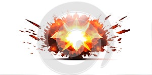 Realistic fiery explosion with sparks over a white background.