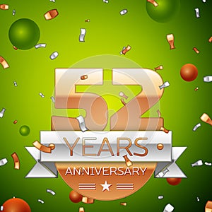 Realistic Fifty two Years Anniversary Celebration design banner. Gold numbers and silver ribbon, balloons, confetti on