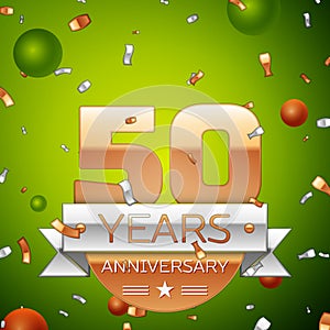 Realistic Fifty Years Anniversary Celebration design banner. Gold numbers and silver ribbon, balloons, confetti on green