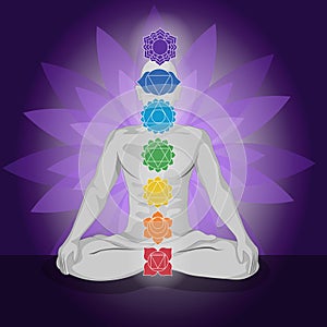 Realistic figure in lotus pose, seven chakras in color. Symbols for spa, meditation and yoga. Mystical and esoteric icons