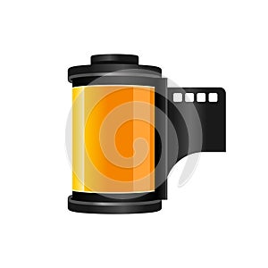 Realistic film roll icon. Yellow 35 mm camera film in cartridge.