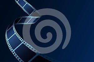 Realistic film stripe wave on blue background with place for text. Modern 3d isometric film strip in perspective. Cinema