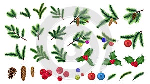 Realistic fir branches. Pine branch, christmas tree decorations. Isolated cones, red berry, festive balls. Green natural