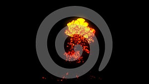 Realistic fire blast explosion with orange mushroom cloud. 3D rendering huge spark explosion isolated on black studio