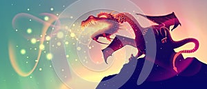 Realistic fire breathing dragon on a rock with glow flame in vector, fantasy dangerous snake or reptile on a cliffs, detailed